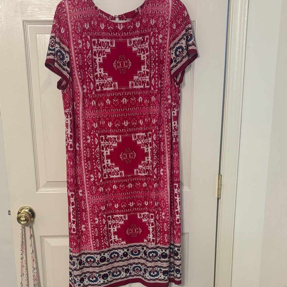 London Times Red/Pink and White Patterned Midi Dress